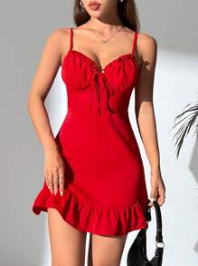 SHEIN PETITE 女用褶皺荷葉邊下擺細肩帶洋裝 - 紅色 - 查看 1