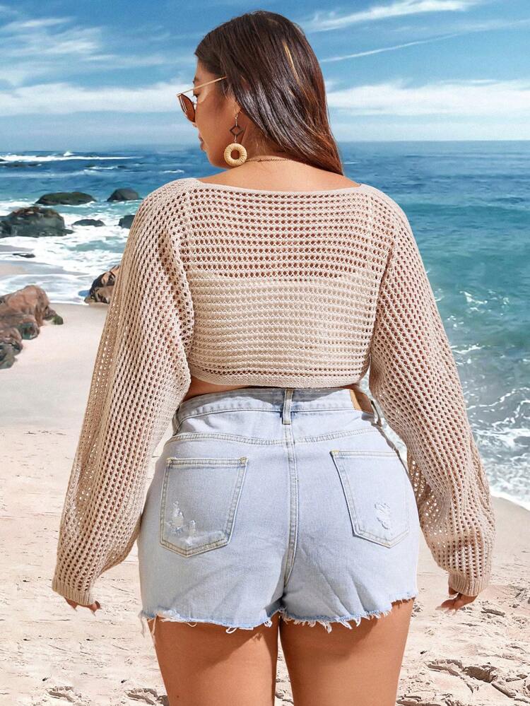 Plus Size Women's Tie-Up Long Sleeve Hollow Out Cardigan