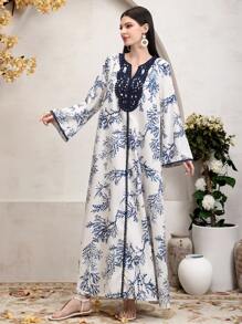 Al Najma 缺口 V 领印花休闲日常长袖衬衫、端庄全长 Jalabiya、休闲长袖连衣裙、卡夫坦 - 藍色 - 查看 5