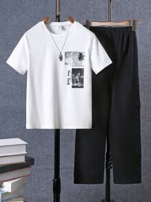 SHEIN 青少年男孩城市风景印花两件套：长袖 T 恤和裤子 - 白色 - 查看 5