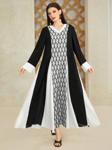 Al Najma Women's Geometric Pattern V-Neck Long Sleeve Color Block Dress