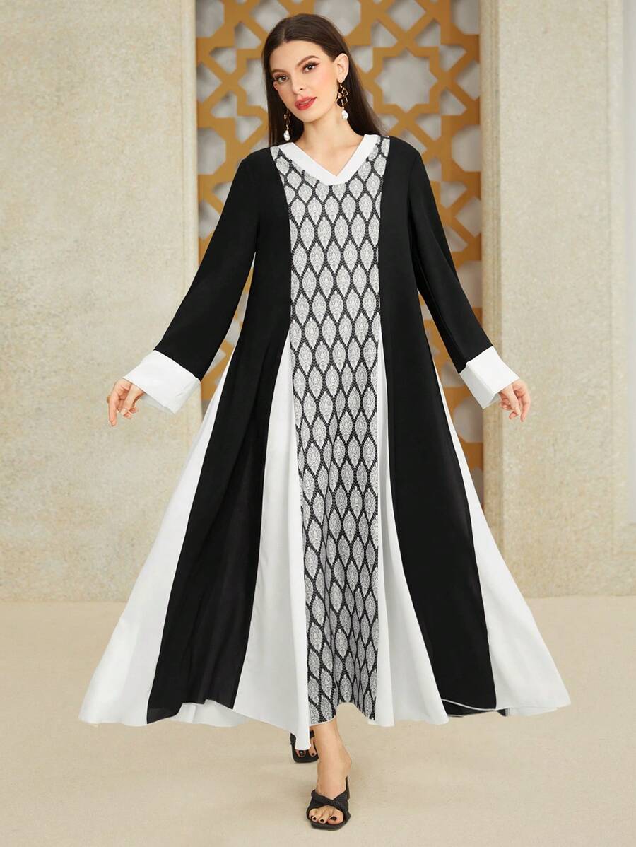 Al Najma Women's Geometric Pattern V-Neck Long Sleeve Color Block Dress