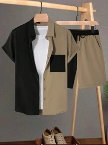 Manfinity Homme 男士撞色短袖衬衫短裤套装，色块，家庭搭配，度假，我爱我的男朋友，艺术衬衫