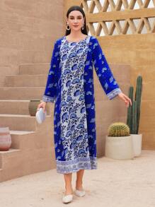 Al Najma Flower Printed Loose Round Neck Dress - Blue - View 3