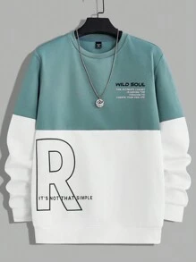 Manfinity VCAY Men's Knitted Round Neck Sweatshirt With Slogan Print And Colorblock Design Crew Neck Long Sleeve Color Block Sweatshirt, For Friends, Husband, Boyfriend Gifts - Green - View 6