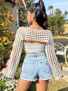 Soleia Cropped Sweater With 3d Strawberry Decoration And Hollow Out Design - White - View 2