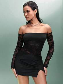SHEIN BAE Của phụ nữ Đen Off Shoulder Ren Bán tuyệt đối Áo Với Cao Bên Khe Chặt Váy , Thích hợp Cho mùa xuân Và Giải trí Trang phục trên phố - màu đen - Xem 1