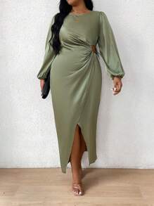 Celure Plus Size Lantern Sleeve Dress With Hollow Out Waist And Wrap Hem