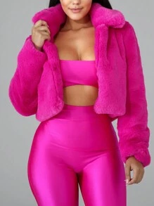 Loose Solid Color Cropped Plush Jacket, Autumn/Winter - Hot Pink - View 3