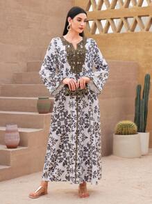 Al Najma Printed Patchwork Water Soluble Lace Notch Neck Jalabiya - Multicolor - View 8