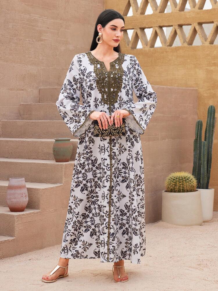 Printed Patchwork Water Soluble Lace Notch Neck Jalabiya