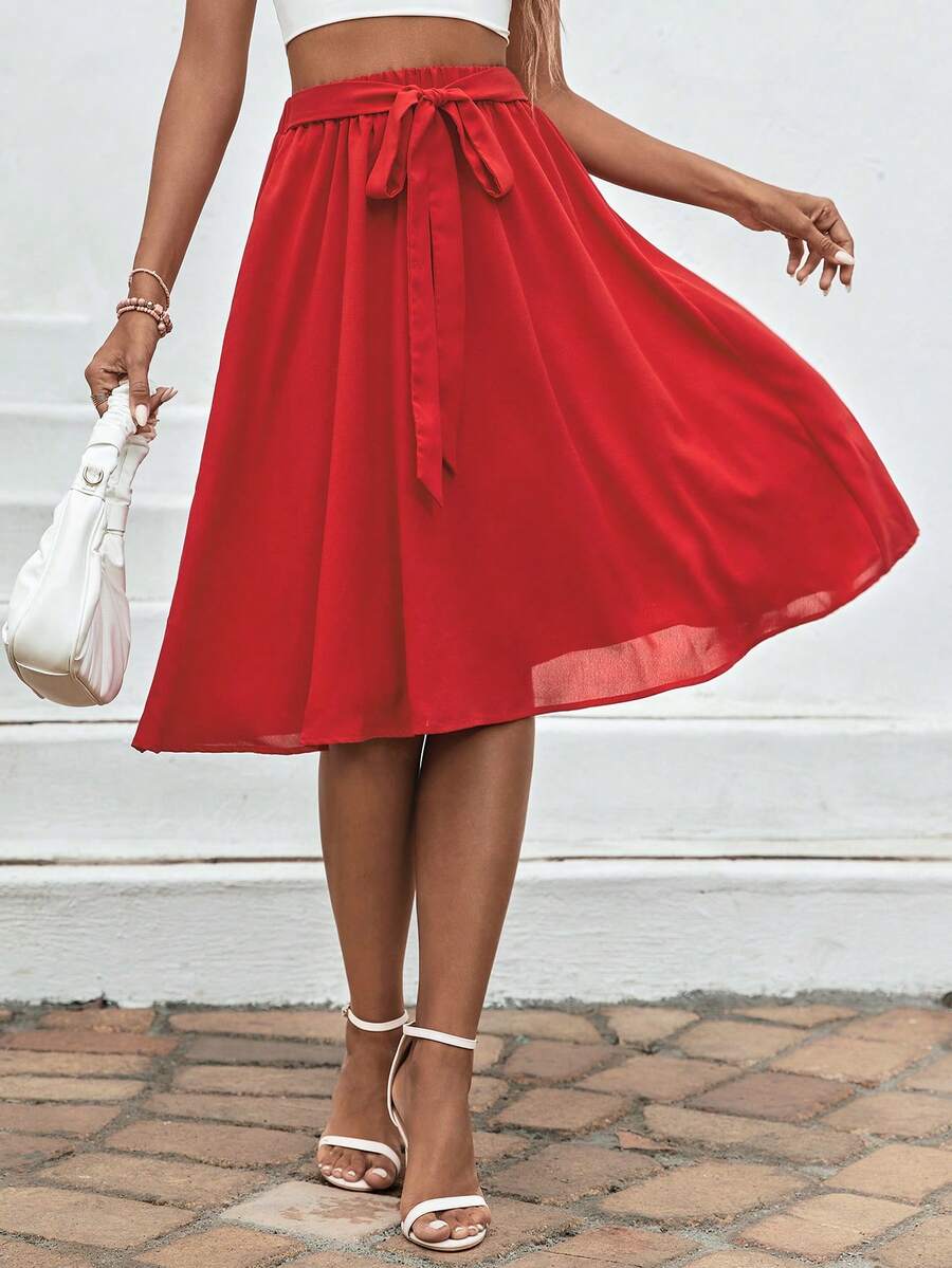 SHEIN LUNE Women's Flowy Knee-Length Skirt - Red - View 1