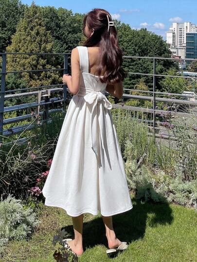 DAZY 女式后系带甜心领无袖连衣裙太阳裙，休闲女装