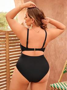 Swim Vcay Plus Size Summer Beach Solid Color Bow Front Hollow Out One-Piece Swimsuit