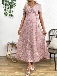 SHEIN Váy bầu bodycon thường ngày có họa tiết hoa - Hồng - Xem 5