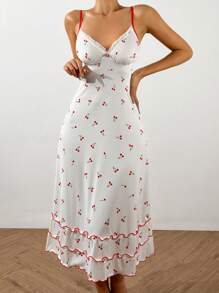Cherry Printed Colorblock Cami Sleep Dress Pajama Dress Sun Dress Long Dress