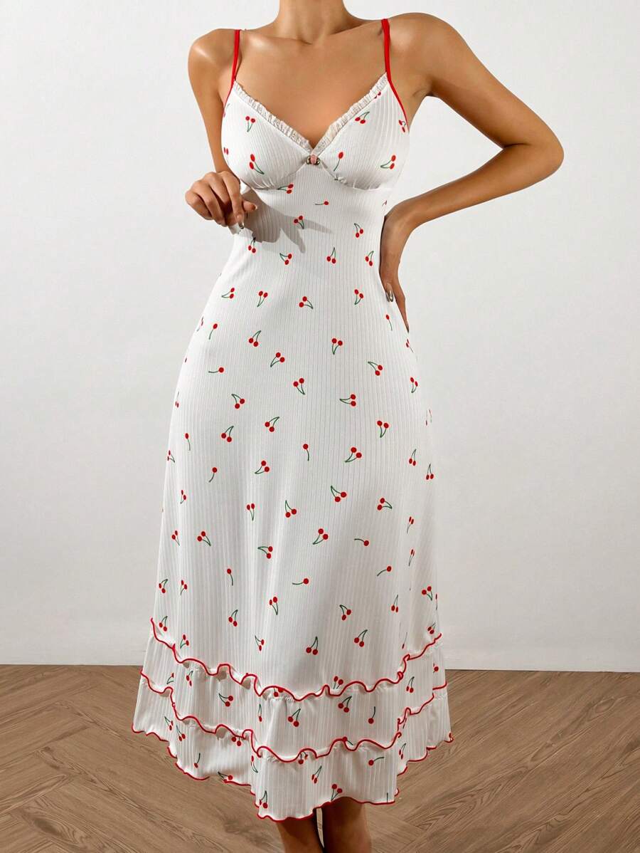 Cherry Printed Colorblock Cami Sleep Dress Pajama Dress Sun Dress Long Dress