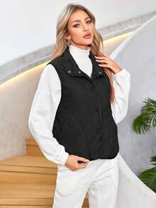 Chaleco sin mangas acolchado con diseño de diamantes de mujer, informal - Negro - Ver 4