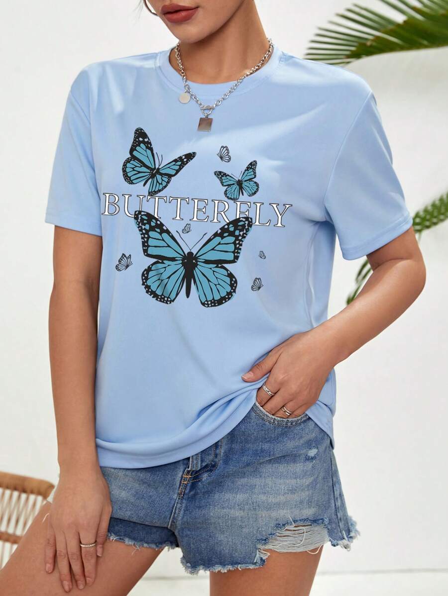 SHEIN Essnce Camiseta con estampado de mariposa y letra - Celeste - Ver 1
