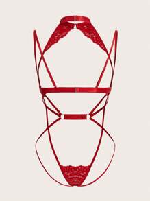 SHEIN 女用性感鏤空掛脖內衣套裝紅色 - 紅色 - 查看 7