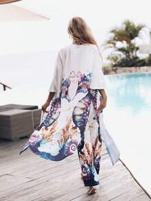 Quý cô Tím In Thế giới Bán trong suốt bờ biển Kimono & Gầy Quần Bộ - trắng - Xem 2