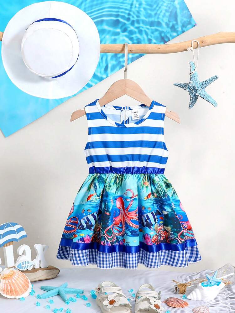 Baby Girl's Cartoon Ocean Printed Striped Pattern Blue Gingham Dress With Sleeveless Round Neck And Bucket Hat