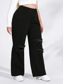 SHEIN EZwear Jeans novio con pierna ancha y rotos de cintura alta talla grande - Negro - Ver 3