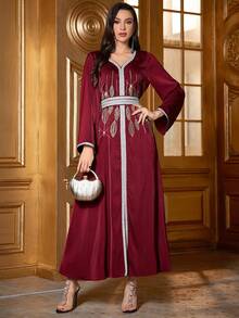 Women's Solid Color Keyhole Neck Dress, Heavily Embellished With Rhinestones & Embroidery, Ribbon Trim, Elegant Maxi Length With Side Slit, Long Sleeve, Suitable For Daily Wear, Festivals And Multiple Occasions, Soft Arabian Style Dress - Red - View 4