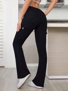 SHEIN Tall Low Waist Cargo Flared Jeans - Black - View 2