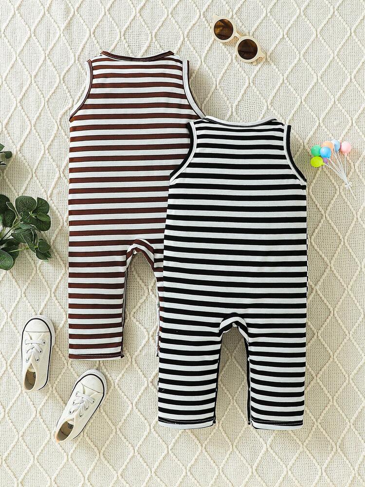 Baby Boy 2pcs/Set Striped Black & Brown Casual Sports Jumpsuit For Spring/Summer Comfortable At Home