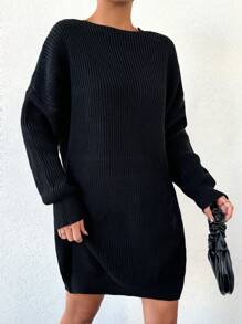 EURMUSE Ladies' Pure Color Lace Splice Knitted Sweater Dress Without Belt - Black - View 3