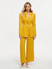 BizChic Của phụ nữ Màu thuần Ngực đơn Dài Áo vest Bộ đồ - Màu vàng - Xem 5