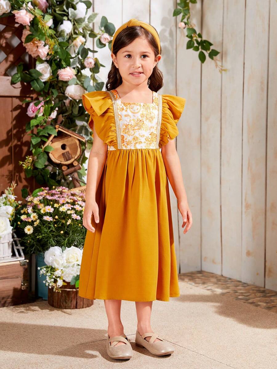 SHEIN Young Girls' Printed Patchwork Ribbon Detail Ruffle Hem Loose Casual Dress - Yellow - View 1