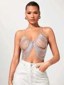 SHEIN BAE Women's Solid Color Metallic Fringe Chain Strap Tank Top Suitable For Spring/Summer Dates, Festivals, Single Parties, Music Festivals, Concerts, Nightclubs With Sequin And Chainmail Decorations - Silver - View 4