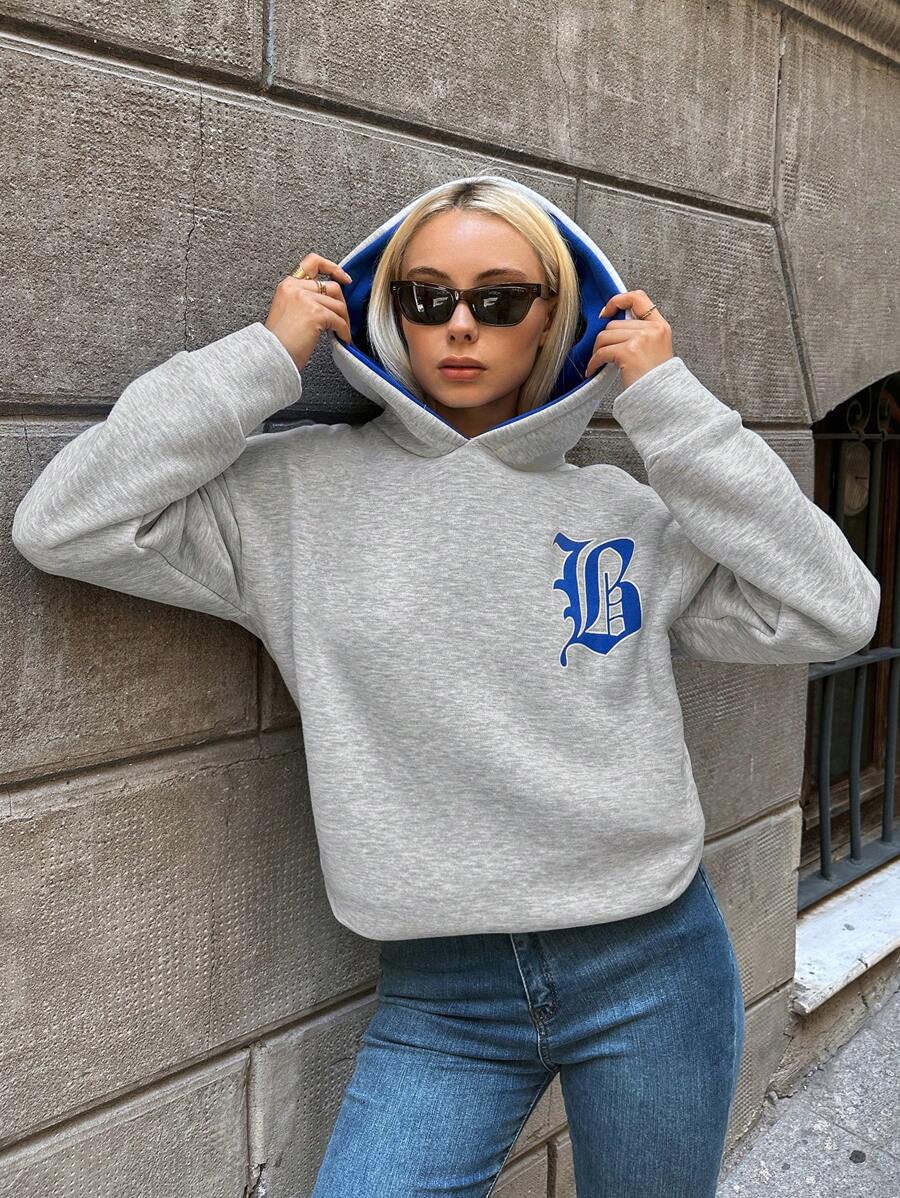 RueChic Letter Graphic Drop Shoulder Hoodie - Light Grey - View 1