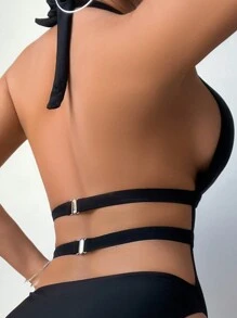 SHEIN Swim Summer Beach Women's One-Piece Swimsuit With Mesh Splice And Halter Neck - Black - View 5