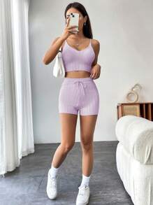 SHEIN Unity Solid Color Ribbed Knit Sweater Set - Pink - View 5