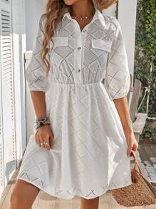 Breezaya Vestido De Mujer De Manga Corta Solido Con Botones - Blanco - Ver 5