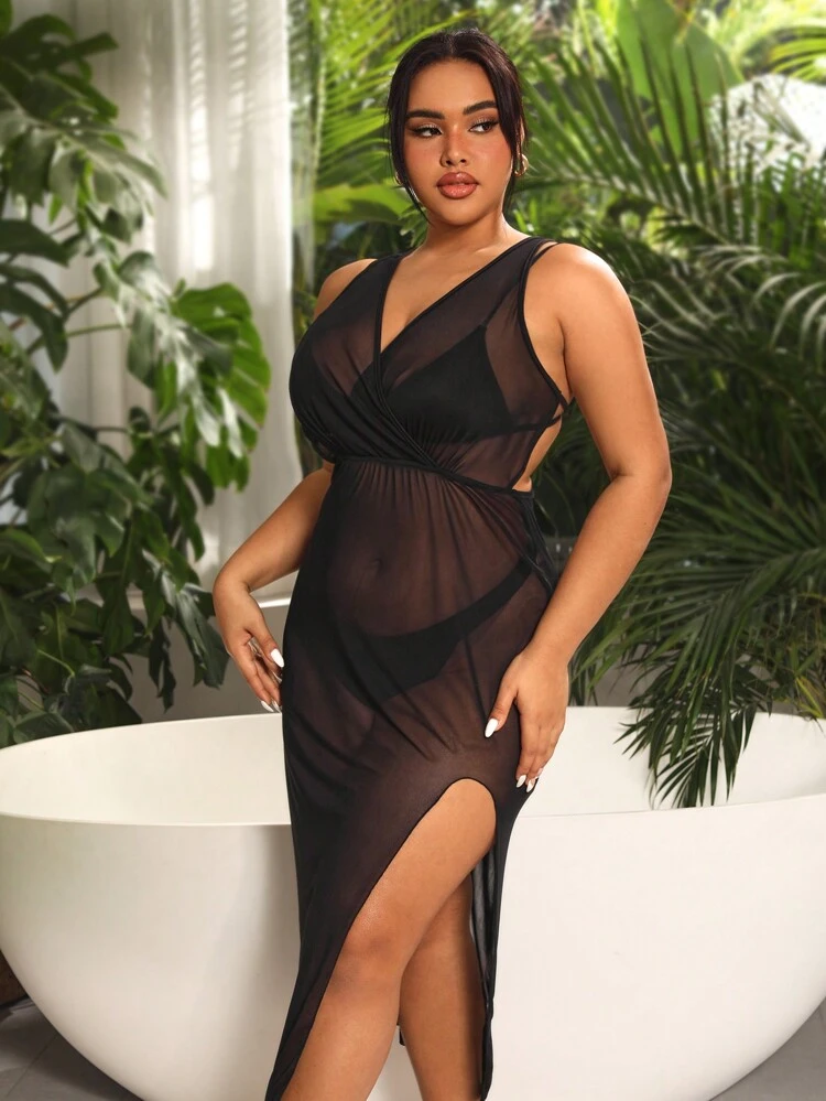 Plus Size Women's High Slit Lace Cover Up Dress Summer