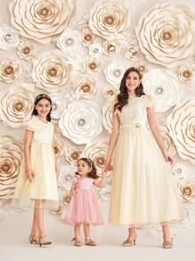 SHEIN DRMZ Baby Girl Baby Girl Elegant Mesh & Bowknot Patchwork Sleeveless Dress