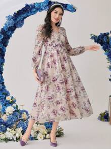 Modelyn Women's Floral Print Lantern Sleeve Dress Maxi Women Outfit - Multicolor - View 8