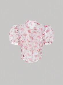 SHEIN MOD Blouse Florale À Manches Courtes Bouffantes Et Col Noué Pour Femmes - Multicolore - Voir 2