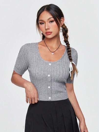 SHEIN Qutie Top Abbigliamento Donna Lana A Maniche Corte, Girocollo, Colore Tinta Unita, Con Finto Abbottonatura Frontale Per Il Tempo Libero