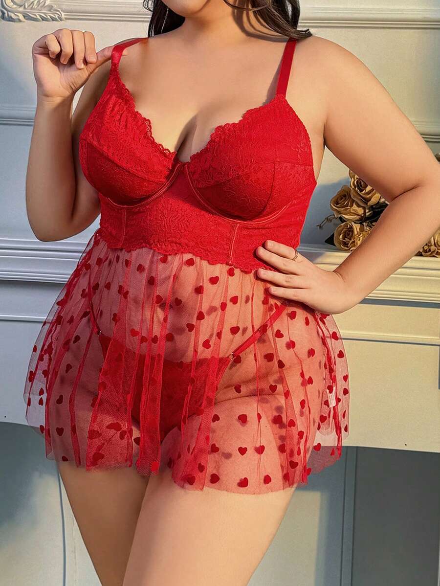 Plus Size Heart Mesh Sexy Lingerie 2pcs/Set