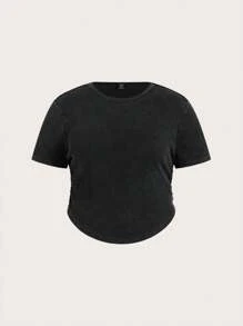 SHEIN EZwear Camiseta negra de manga corta y cuello en pico lavada, talla grande para mujer - Negro - Ver 2