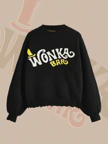 Willy Wonka and the Chocolate Factory X ROMWE Suéter De Ombro Caído Com Estampa De Letras - Preto - Visão 1