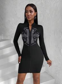 SHEIN Slayr 女式水鑽裝飾前拉鍊修身連身裙 - 黑色 - 查看 3