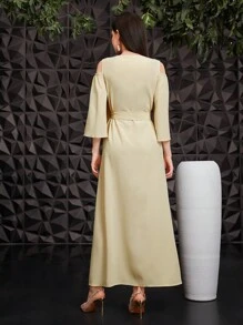 Al Najma 女式喇叭袖阿拉伯连衣裙，优雅晚会礼服 - 杏色 - 查看 2