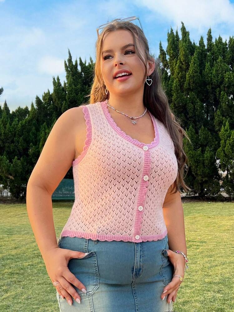 Plus Size Women's Pink Contrast Color Lace Trim Knit Top For Spring/Summer