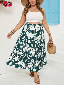 SHEIN VCAY Falda De Talla Grande Con Estampado Floral Y Alta Raja - Multicolor - Ver 4
